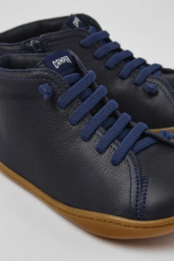 Peu Navy Blue Leather Ankle Boots For Kids