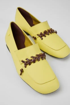 Casi Myra Yellow And Brown Leather Loafers For Women