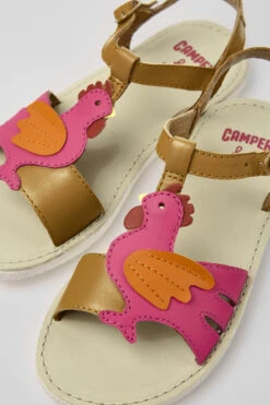 Miko Brown And Pink Leather Sandals For Girls