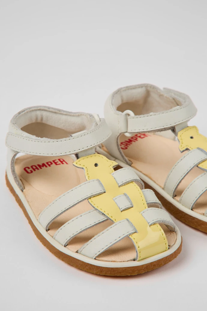Miko White And Yellow Leather Sandals For Kids